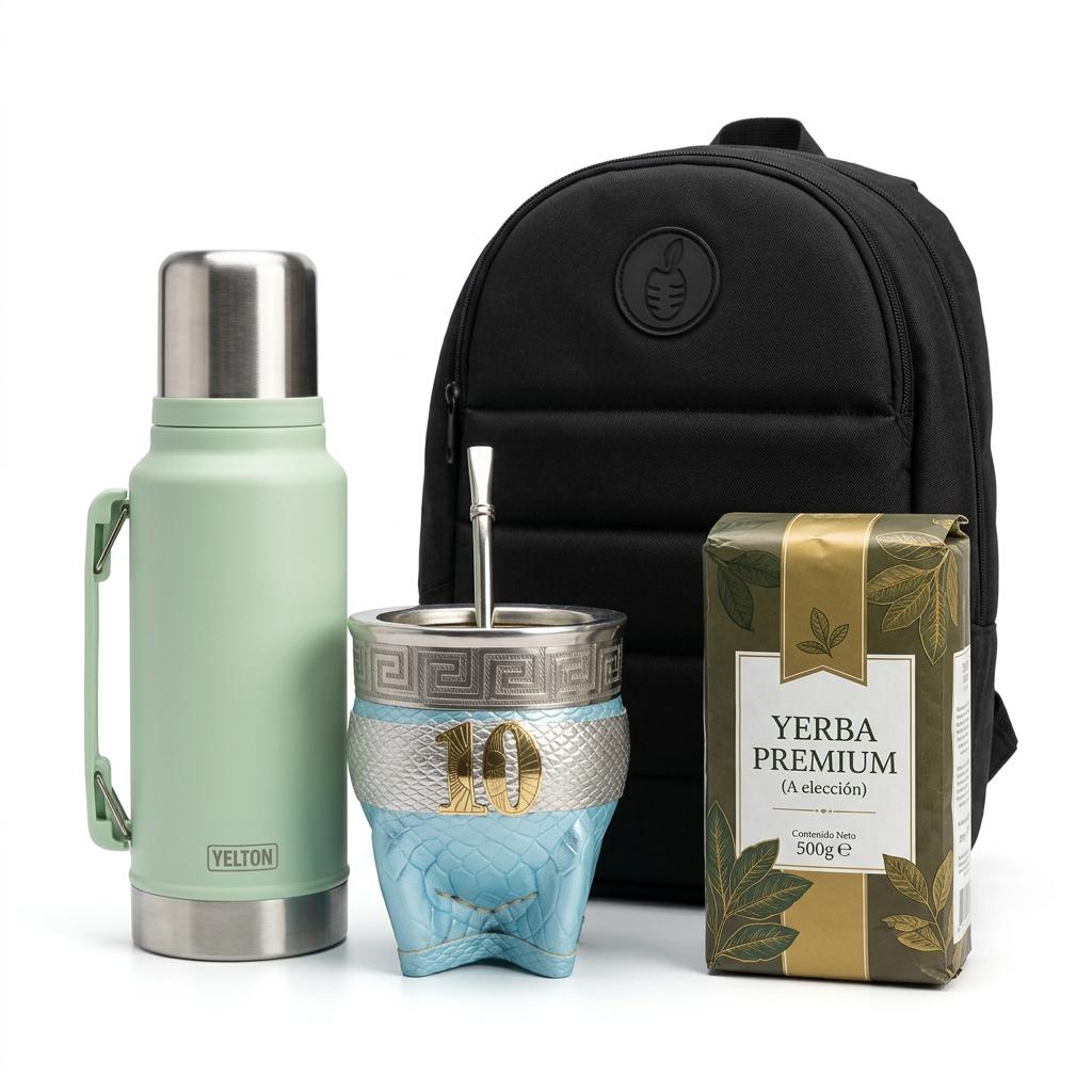 Kit matero completo: mochila + termo + mate + bombilla + yerba premium (El Cacique)